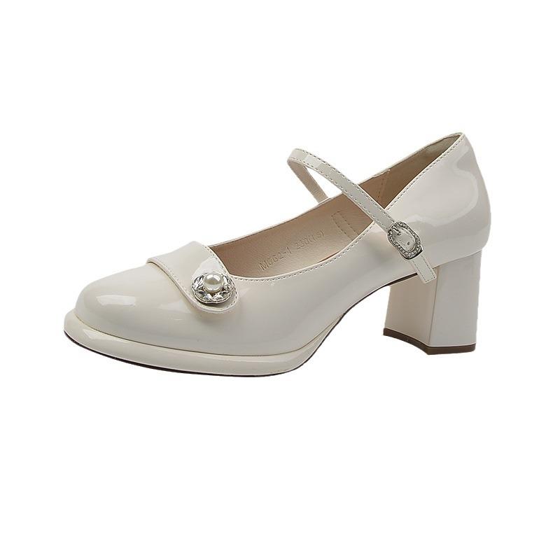Spring and Autumn New Mary Jane 2024 Coarse Heel High Heel Shoes Temperament Pearl Retro Round Head Shoes Children's Versatile Single Shoes