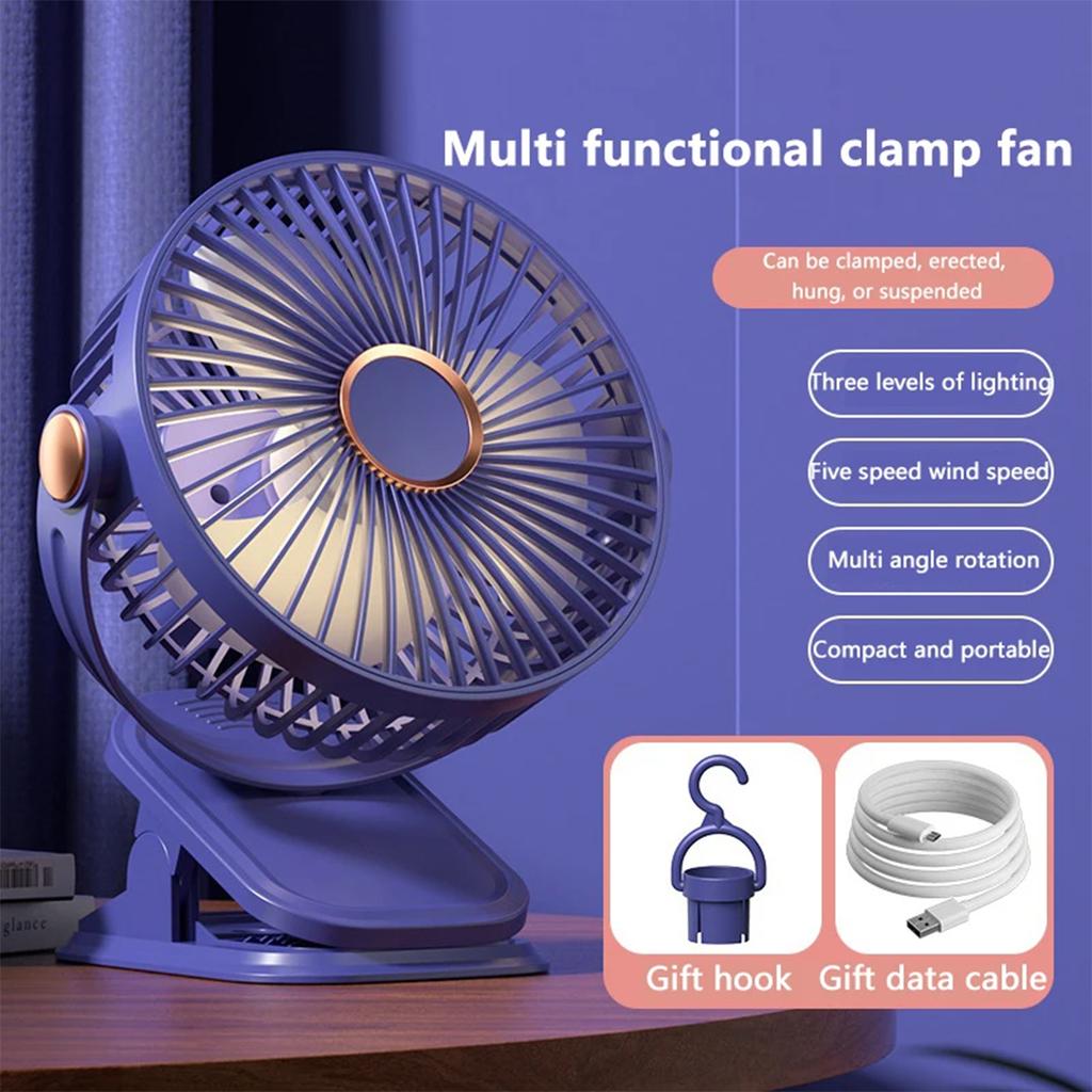 Small Fan 5-Speed Adjustable & 3-Mode Night Light USB Rechargeable Mini Fan for Outdoor 360° Rotatable Clip/Stand/Hang Design