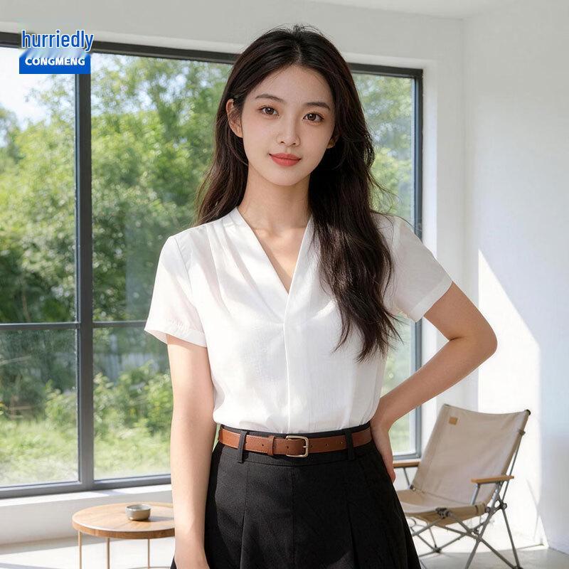 Women s Elegant Chiffon V-Neck Short Sleeve Blouse 3XL