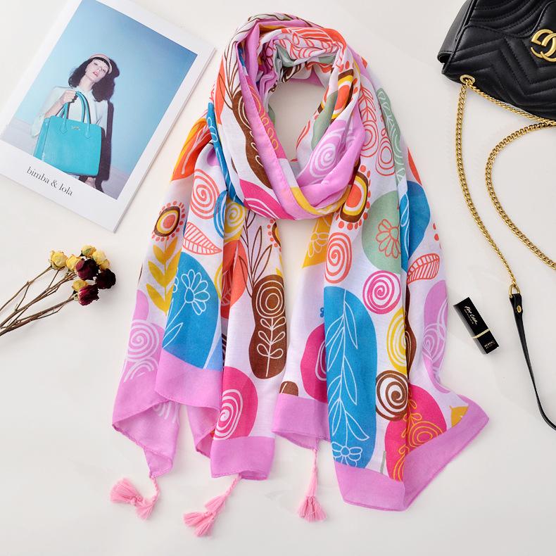 Beige Coffee Scarf Luxury Thin Womens Scarves Spring Floral Hijab Veils Soft Cotton Shawl Wrap Tassel Viscose Muslim Woman Hijab