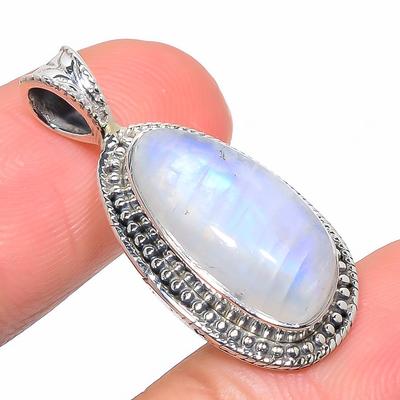 Natural Rainbow Moonstone Gemstone 925 Solid Sterling Silver Pendant 1.30" H3m70