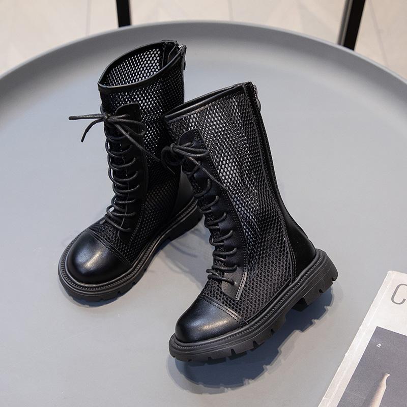 Дитяче літнє взуття Модні босоніжки для дівчаток Чоботи з високою сіткою Чисто-дихаюча прикраса на шнурівці з вирізом на блискавці Ins Style