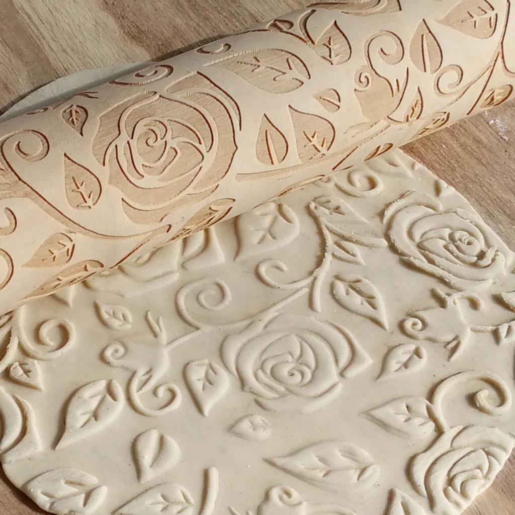 Wooden Rolling Pin, Rose Flower Embossed Engraved Carved Rolling Pin