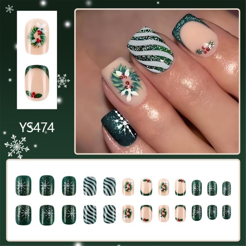 24 Pcs Christmas Press On Nail Wreath Stick On Nail Glittering Stripes Acrylic Nail Short Full Cover False Nail
