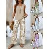 Conjunto Casual de Dos Piezas para Mujer: Top sin Mangas + Pantalones de Pierna Ancha con Estampado de Hojas, Conjunto para Vacaciones de Verano, Ropa de Estar por Casa