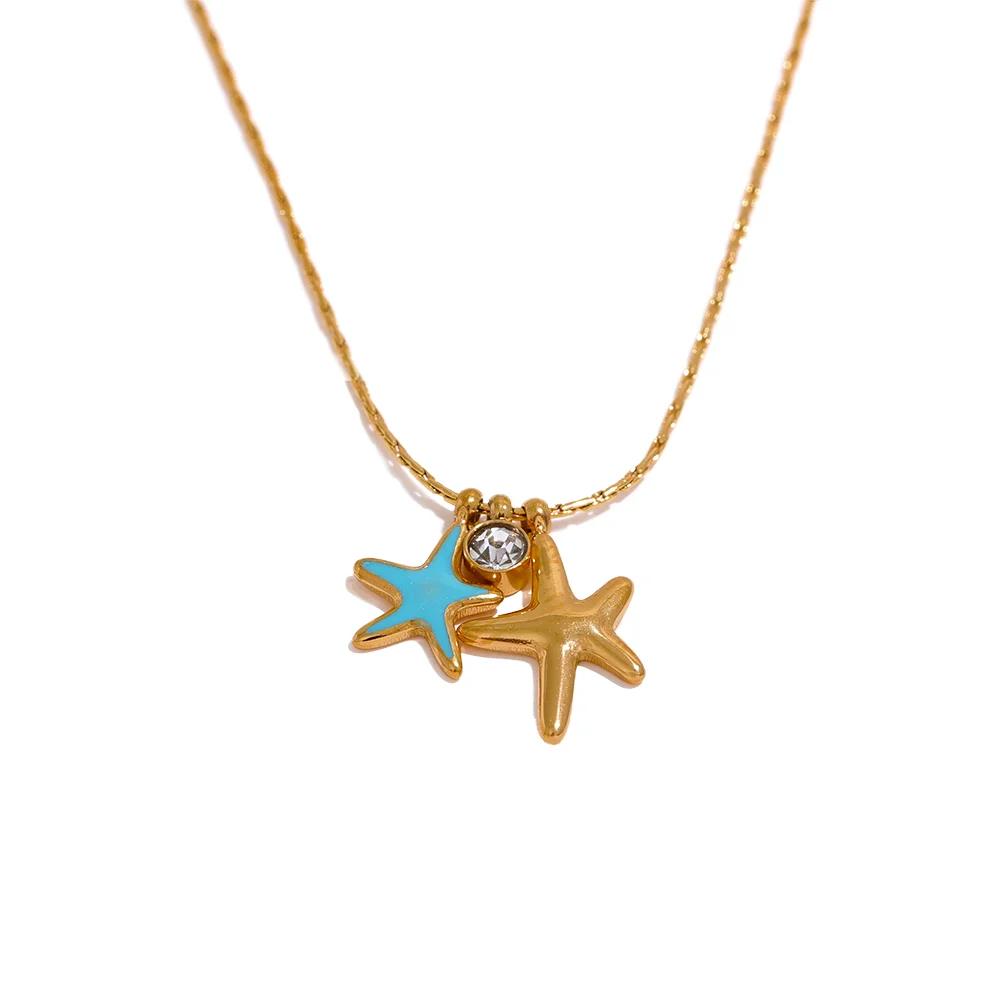 

Yhpup Summer Starfish CZ Pendant Stainless Steel Stylish Necklace for Girl Cute Gold Color Waterproof Chic Jewelry Party Gift