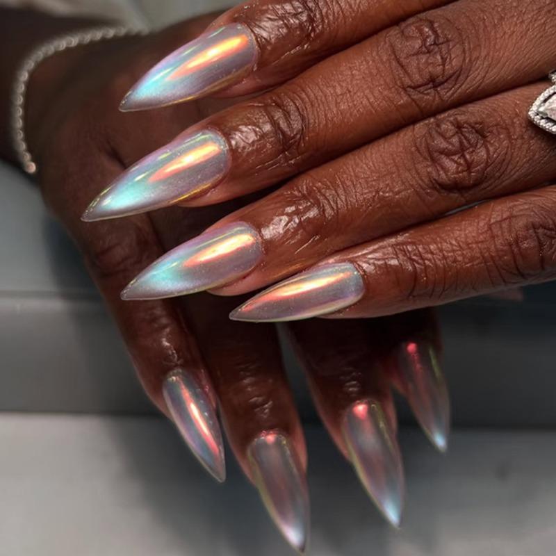 24 Pezzi Unghie Finte Lunghe Stiletto Press on Unghie Finte Cromo Iridescente Blu Aurora Dolci Fresche Lucide Olografiche Full Cover Unghie Finte