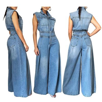 Elegante Tuta da Donna Senza Maniche in Denim Lavato con Pantaloni a Gamba Larga
