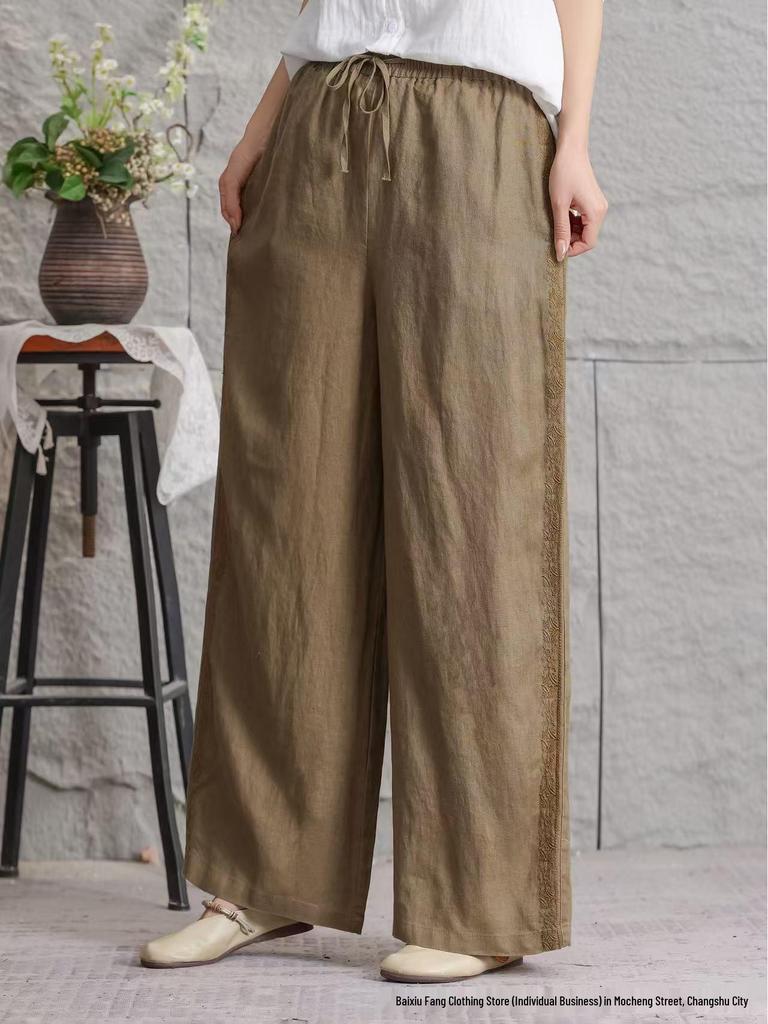 Women's Casual Linen Embroidered Wide-Leg Trousers, Summer 2026 Fashion, Slimming Loose Fit, Large Size Available