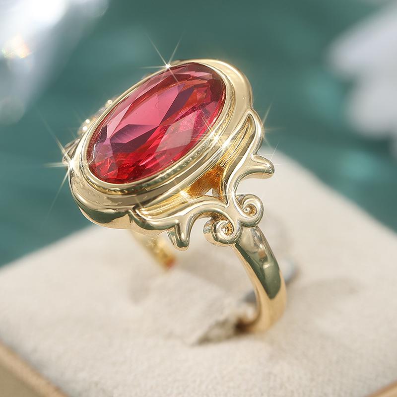 Vintage Wunderschöner eingelegter ovaler synthetischer Rubin goldplattierter Ring für Damen Elegantes Temperament Bankett Festival Schmuckzubehör 6&Gold-color brown