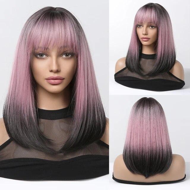 Peruci sintetice drepte maro închis de lungime medie cu breton pentru femei Perucă netedă cu aspect natural din fibră rezistentă la căldură