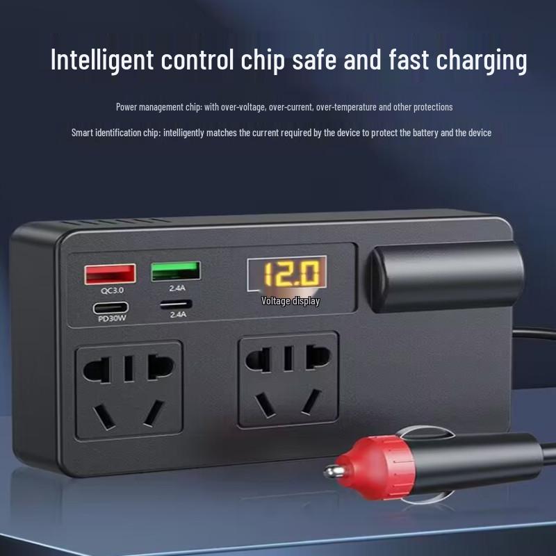 High-Power Car Inverter: Multi-Function 12V/24V to 220V Converter for Fast Charging in Cars and Trucks