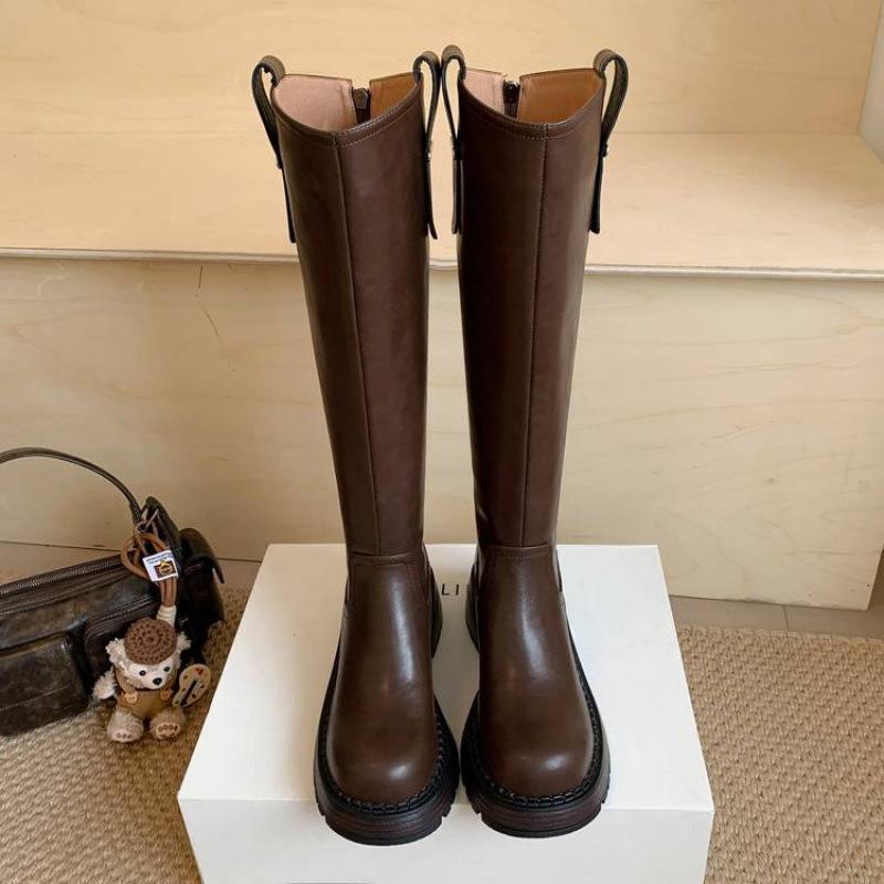 Autumn and winter women's leather boots leather large size knight boots thick-soled rear zipper high boots new middle heel round head women's boots