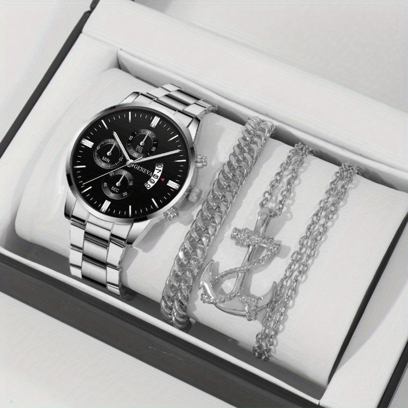 3pcs Set Fashion Mens Watches Luxury Men Sports Gold Stainless Steel Quartz Wrist Watch Male Sports Bracelet Necklace Sets