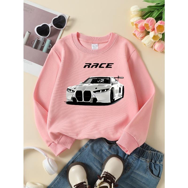 Race Car Speed Power Design Girls' Crew Neck Fashion Sweatshirt, Autumn and Winter Western Style Top, Children's Long Sleeved T-shirt