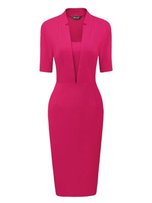 Allegra K Women's Fuchsia Sheath Midi Dress, V-Neck, Short Sleeves, Bodycon Style, for Work or Office Use, Size M
