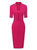 Allegra K Women's Fuchsia Sheath Midi Dress, V-Neck, Short Sleeves, Bodycon Style, for Work or Office Use, Size M