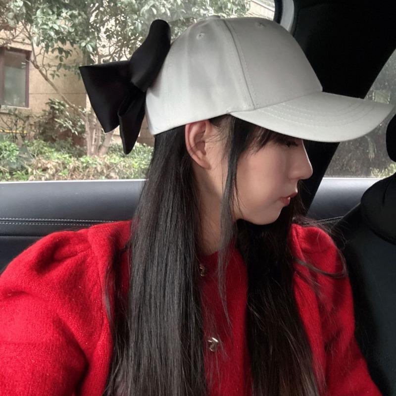 Hat female versatile bow sweet and cute big head circumference baseball cap showing face small casual cap