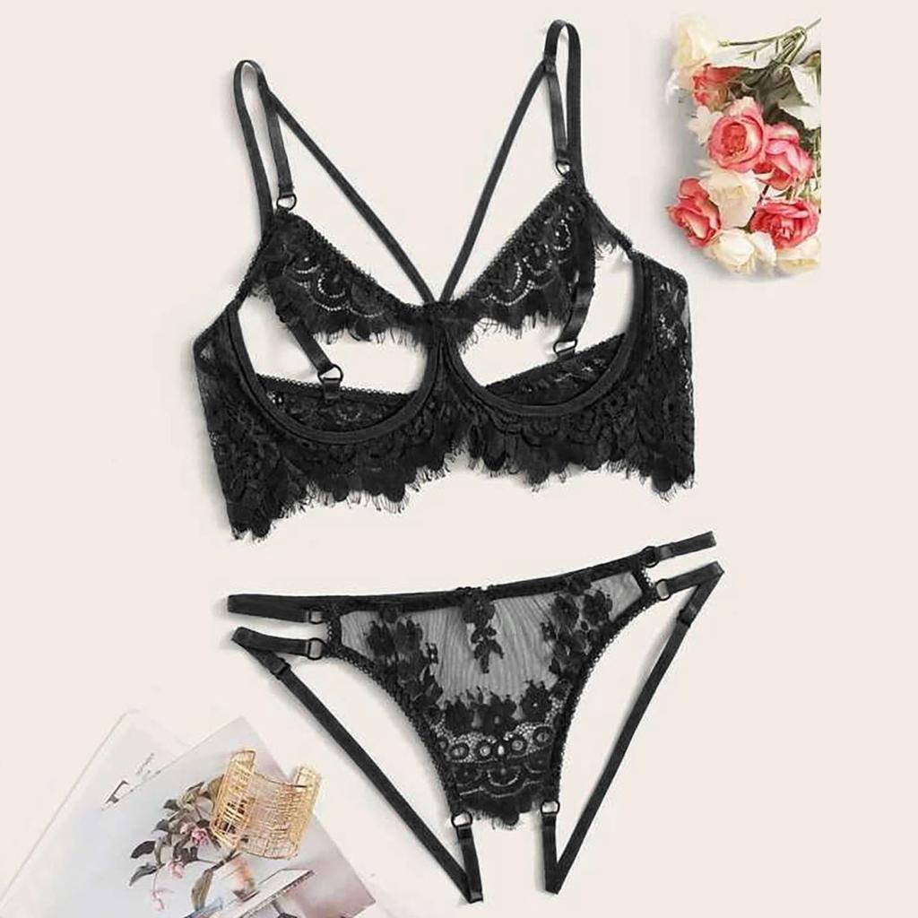 Women's Sexy See-through Rose Pattern Lace Underwear Two Sets Without Steel Ring