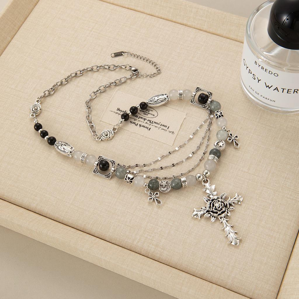 Sweet Cool Style Spice Girl Cross Beaded Rose Flower Fringed Necklace Vintage Heavy Industry Necklace Niche Personality Items