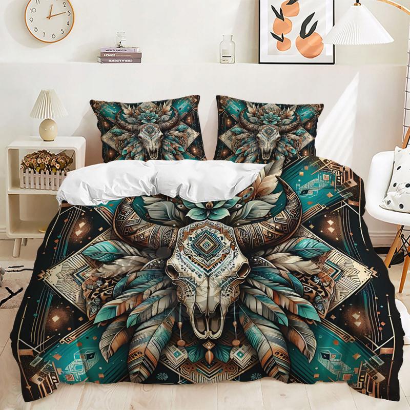 2/3Pcs Bohemian Bull Skull Duvet Cover Set,With Pillowcase Multi Size Bedroom Bedding Decor,Bohemia Rural Style Bedroom Decor