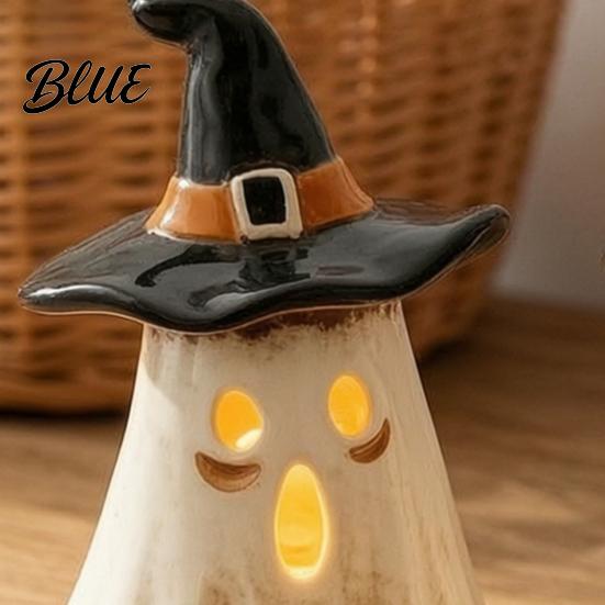 Warm Light Glow Spooky Accents Witch Hat Ghost Tealight Candle Holder Vintage Resin Halloween Tabletop Decor Holiday Atmospheric Night Lights