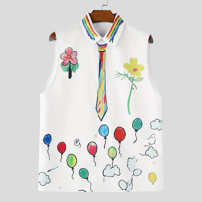 INCERUN Mens Casual Sleeveless Shirt Lapel Collar Button Down Funny Cartoon Graffiti Print Holiday Tank Tops