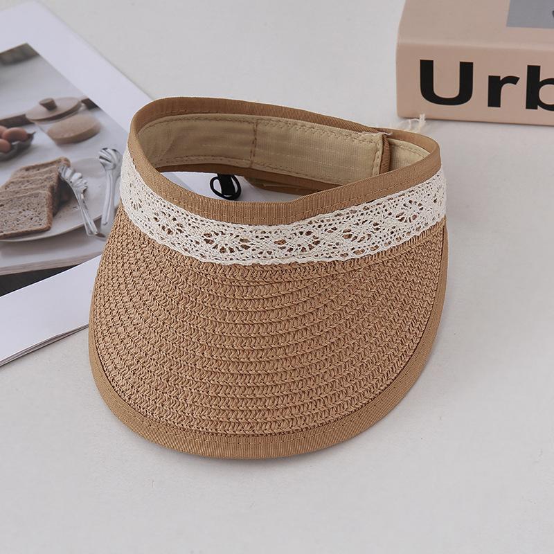 Straw Empty Top Hat Women'S Summer Sun Protection Visor Hat Lace Edge Versatile Travel Sun Hat
