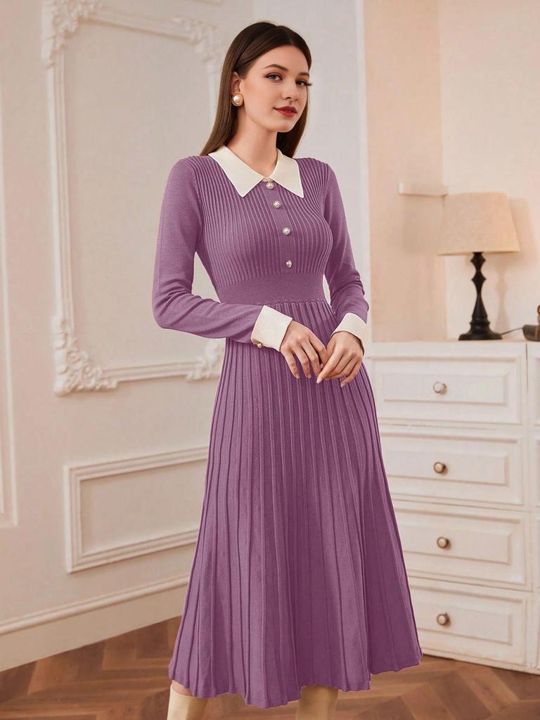 Shein French Long-Sleeve Midi Dress, Slim-Fit Knit, Figure-Flattering Women's Fashion