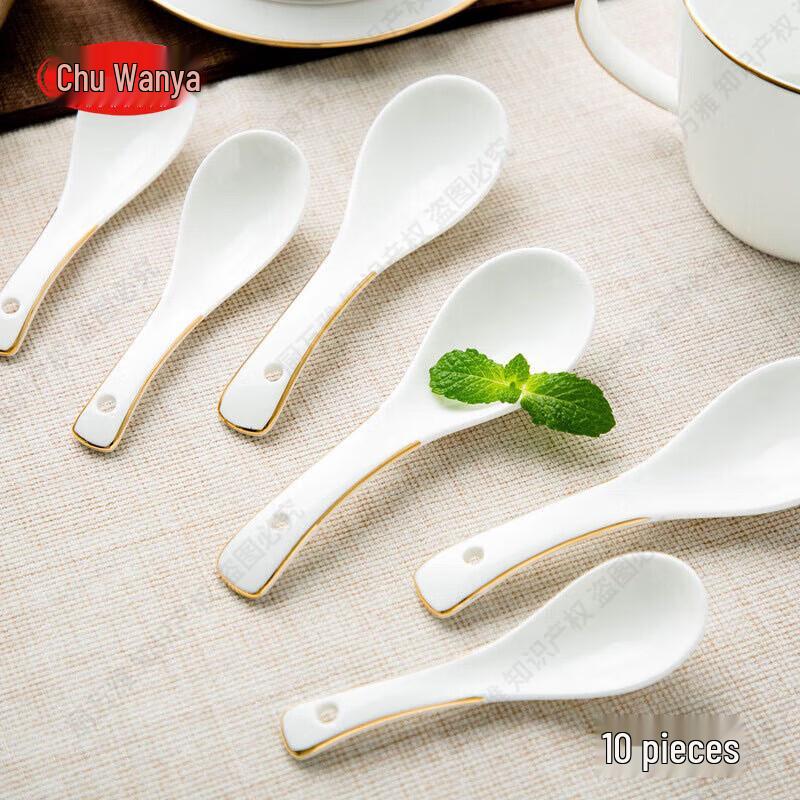 Gold Rim Ceramic Soup Spoons (10-Pack)