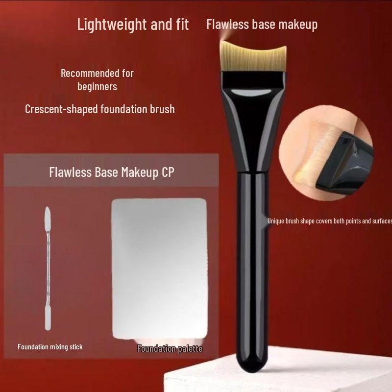 Enhanced Crescent Foundation Brush - Curved Flat Head, Ultra-Thin, Perfect for Makeup Application.