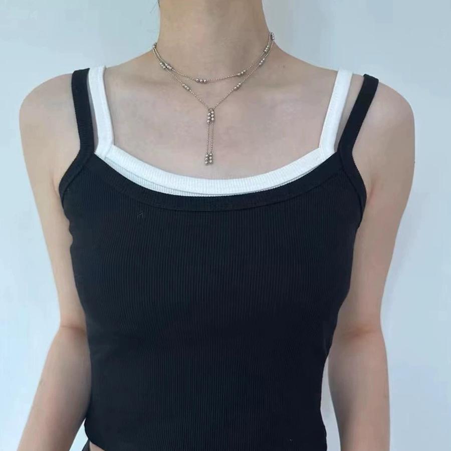 Double Layered Silver Color Bead Necklace Simple Thin Chain Round Beads Tassels Trendy Design Collarbone Chain Women's Jewelry