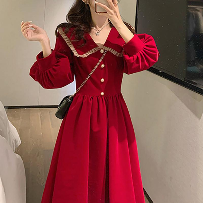 New Autumn Black Peter Pan Collar Dress Women's French High-end Elegant Long Dress Waist-cinching Slimming Audrey Hepburn Style Dress