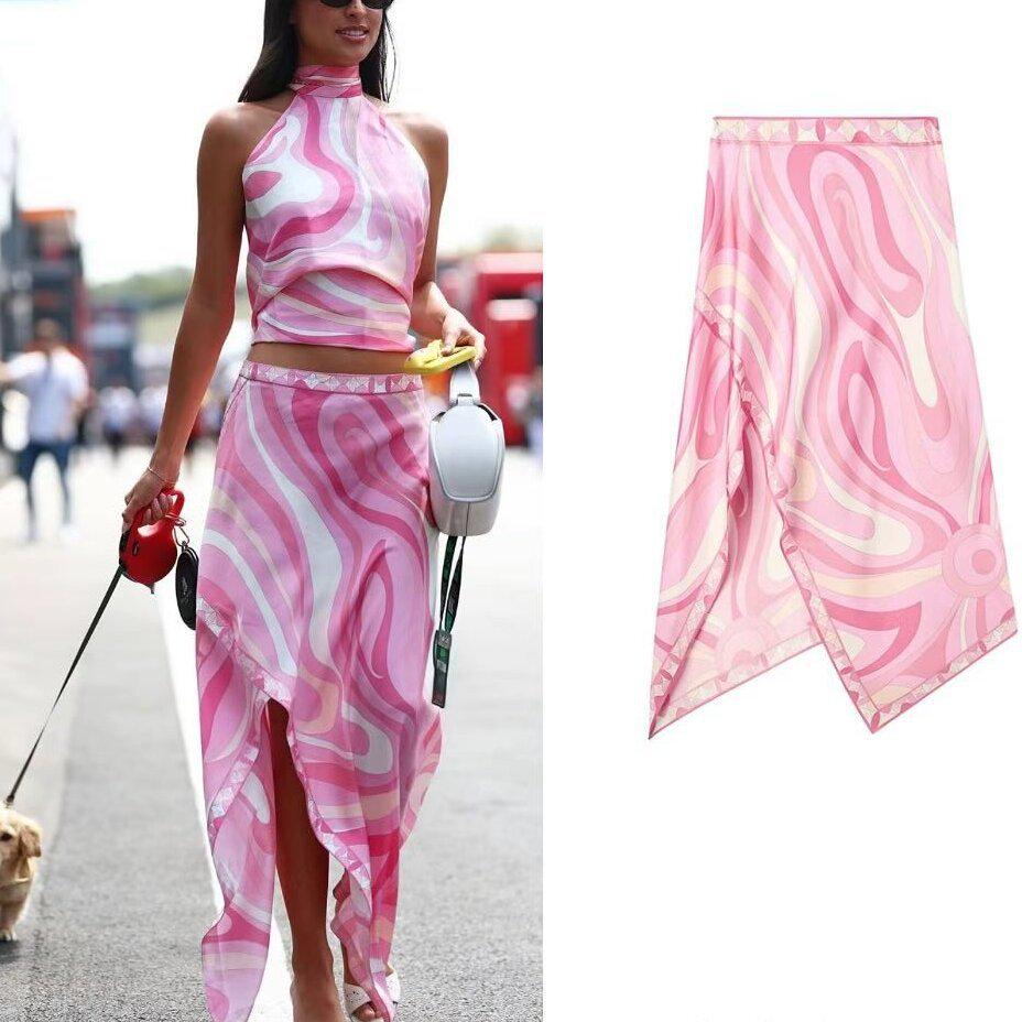 2026 Summer Satin Print Tie-Up Two-Piece Skirt and Top Set for Women.