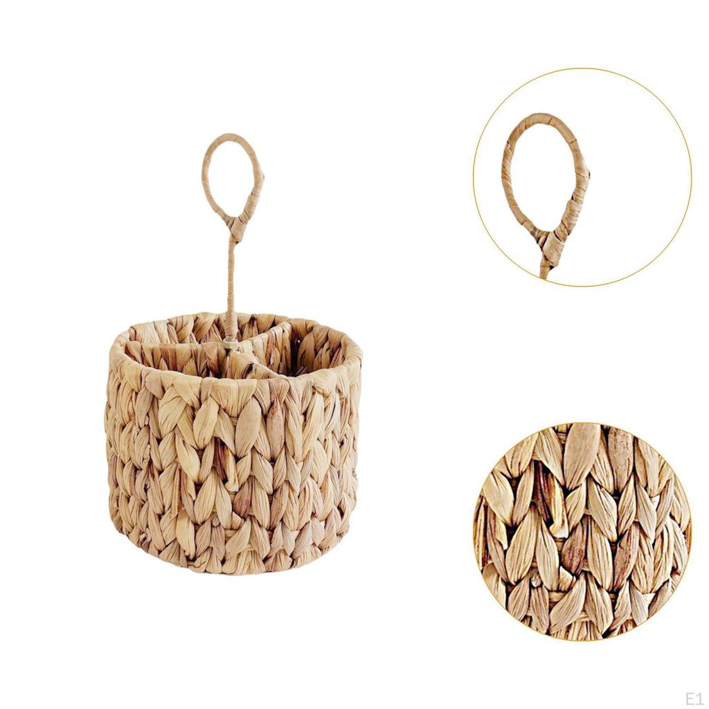 Wicker Flatware Organizer Water Hyacinth Cutlery Holder Multifunction Round Woven Portable Divided