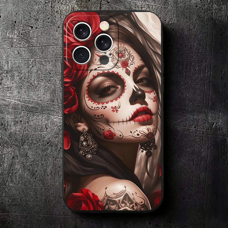 Catrina Beautiful Rose Girl Skull Soft Phone Case for iPhone 16 16E 17 Air 15 Pro Max 14 Plus 13 Mini 11 12 7 Black Cover Back S