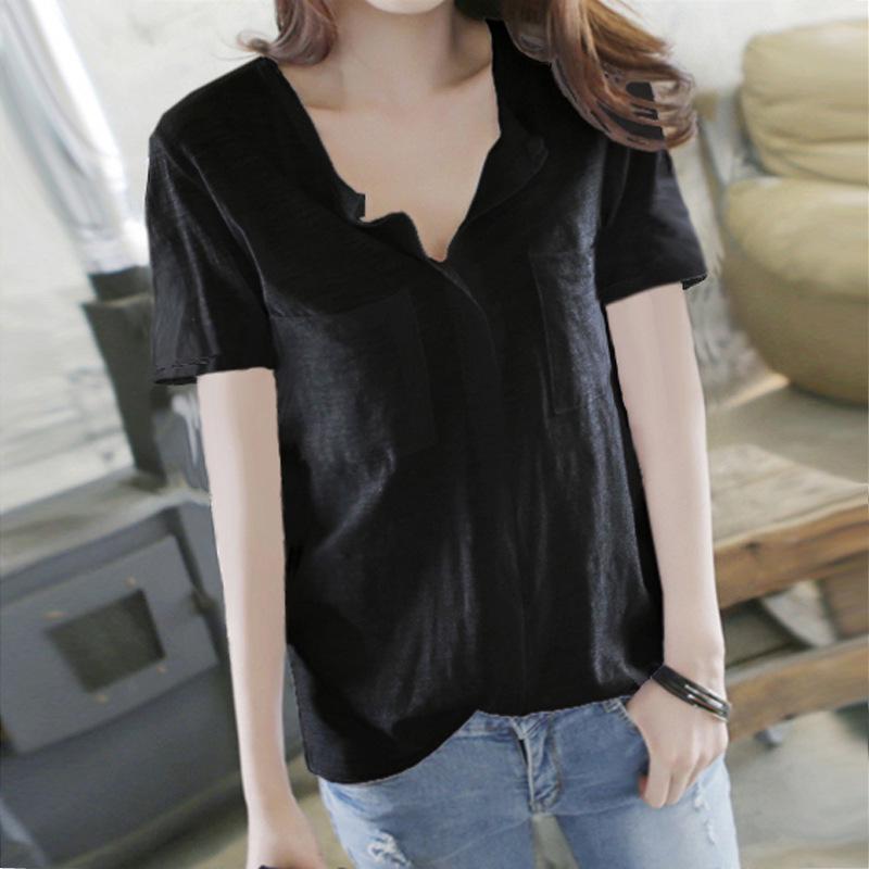 

Женская футболка свободного кроя из бамбукового хлопка с V-образным вырезом и карманом Large чёрный