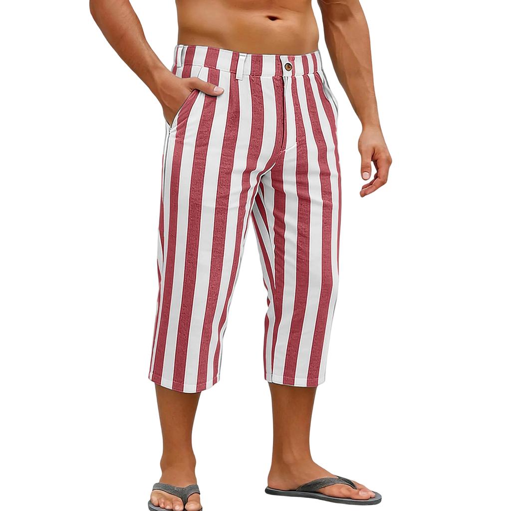 Men's Sports and Casual Striped Cropped Pants with Elastic Waist Straight Leg