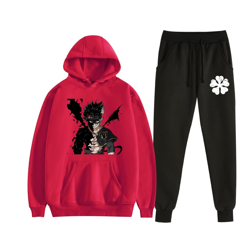 Europe, America, Autumn and Winter Black Four-leaf Clover Peripheral Two-dimensional Men's and Women's Leisure Sports Fleece Hooded Sweater Set 