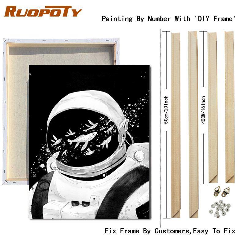 RUOPOTY צייר לפי מספרים אסטרונאוט איור קיר אמנות ייחודית מתנה מצוירת ביד תמונה לפי מספרים ירח לסלון
