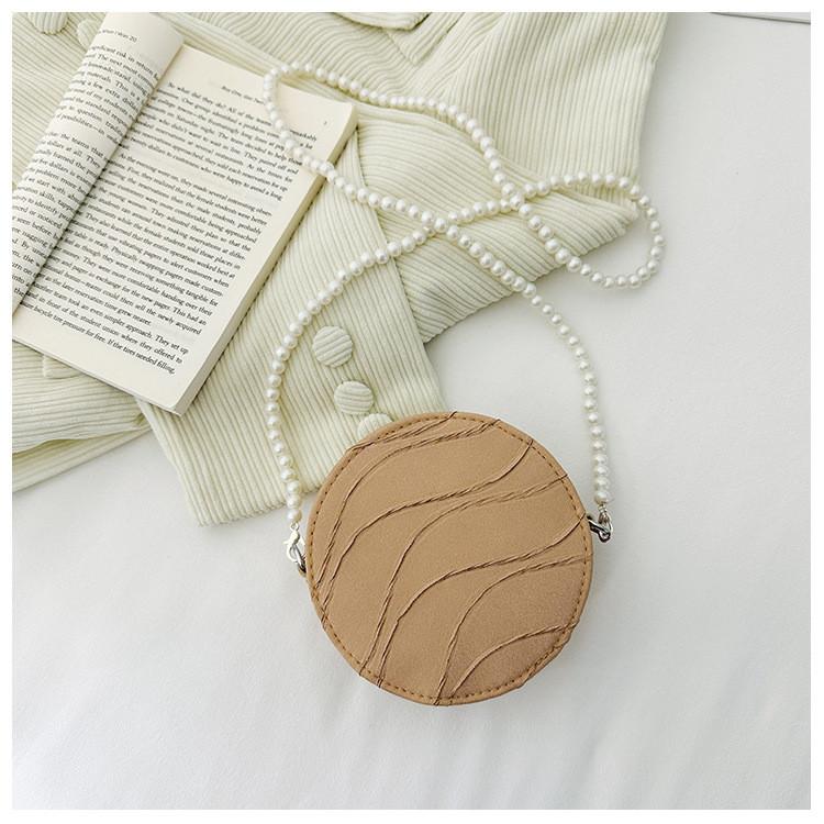 Childrens Cute Round Shoulder Bag With Pearl Chain For Daily Use хаки