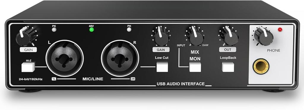 ESWN DNXB USB Audio 2 48V Phantom for and Compatible with Interface, Inputs/2 Outputs, 24-Bit/192kHz, Power, Plug-and-Play, Recording, Songwriting,