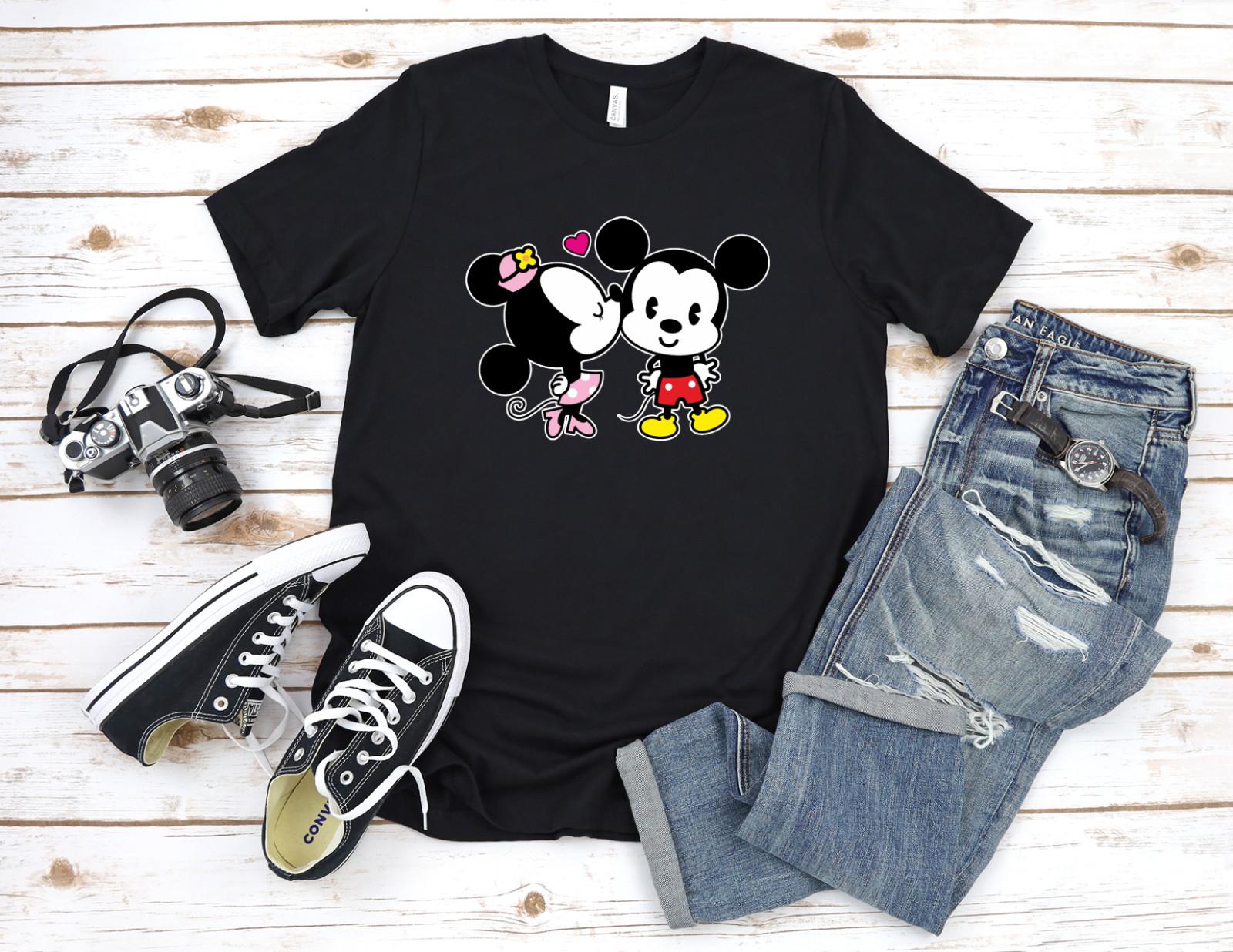 Cute Mickey Mouse Minnie Mouse Short Sleeve Black White Men T-shirt T2045 M