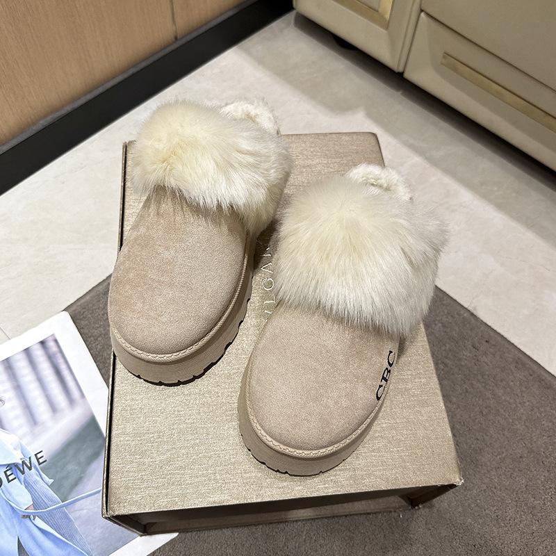 Half-tray snow boots for women's 2024 winter new outer wear warm fluffy slippers thick-soled heightening cotton slippers for women