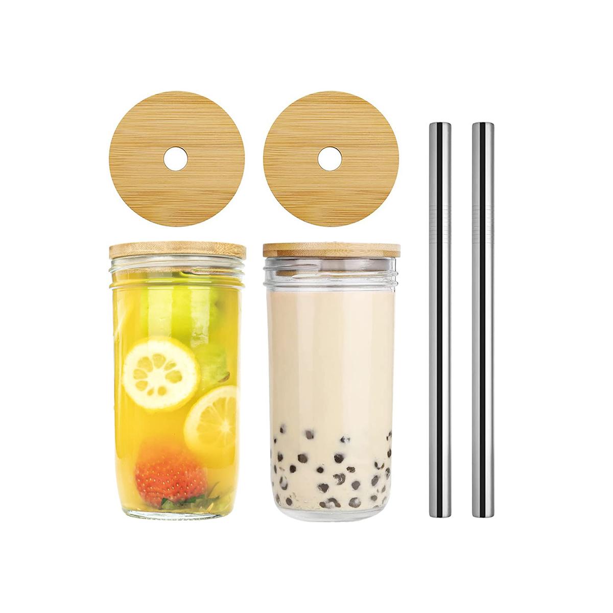 2 Pack Reusable Iced Coffee Cup, Smoothie bubble Tea Cups, 24oz Wide Mouth Glasse Cup with Bamboo Lid and Straw, Glasses Tumbler 730ml чистый