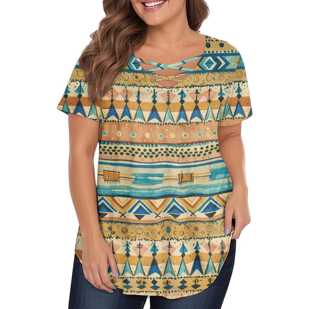Women's Fashion Casual Printed V-Neck Short Sleeve Large Size T-Shirt Top