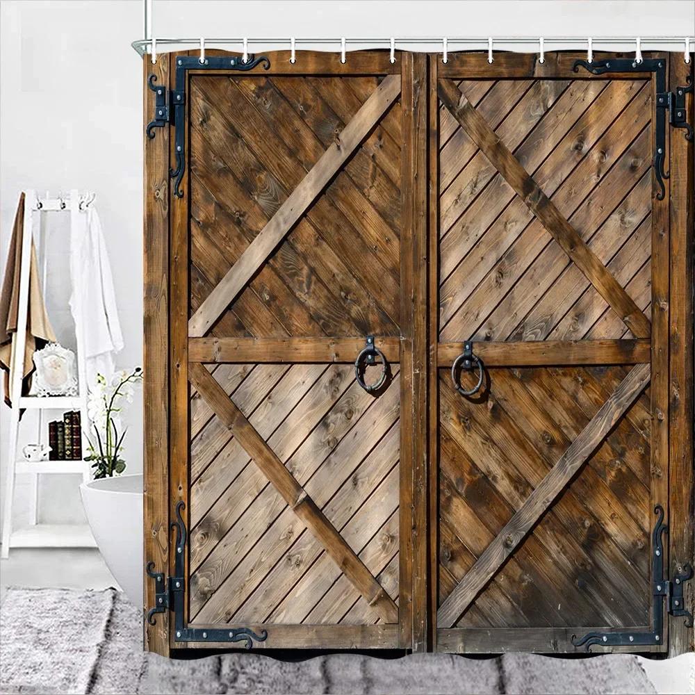 

Rustic Wooden Barn Door Decor Shower Curtain for Bathroom Western Country Theme Vintage Rural Farm House Door Bath Curtains Set 90X180cm