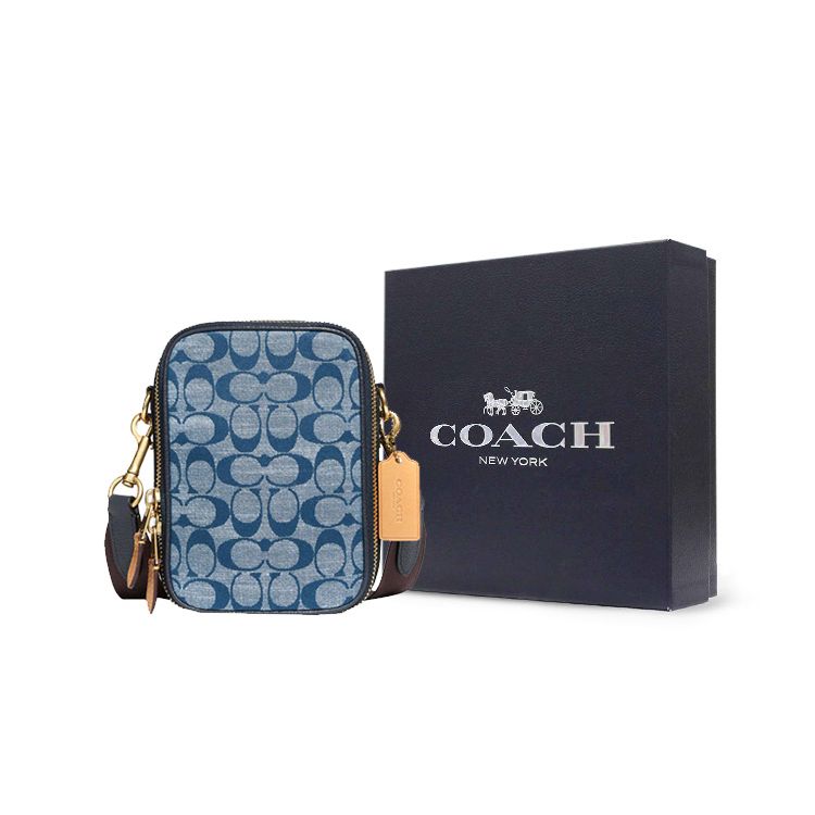 Coach Stanton 13 Floral Print Color Block Zipper Canvas And Leather Crossbody Bag Mini Men bags Brass Denim-Blue C8235-B4EI