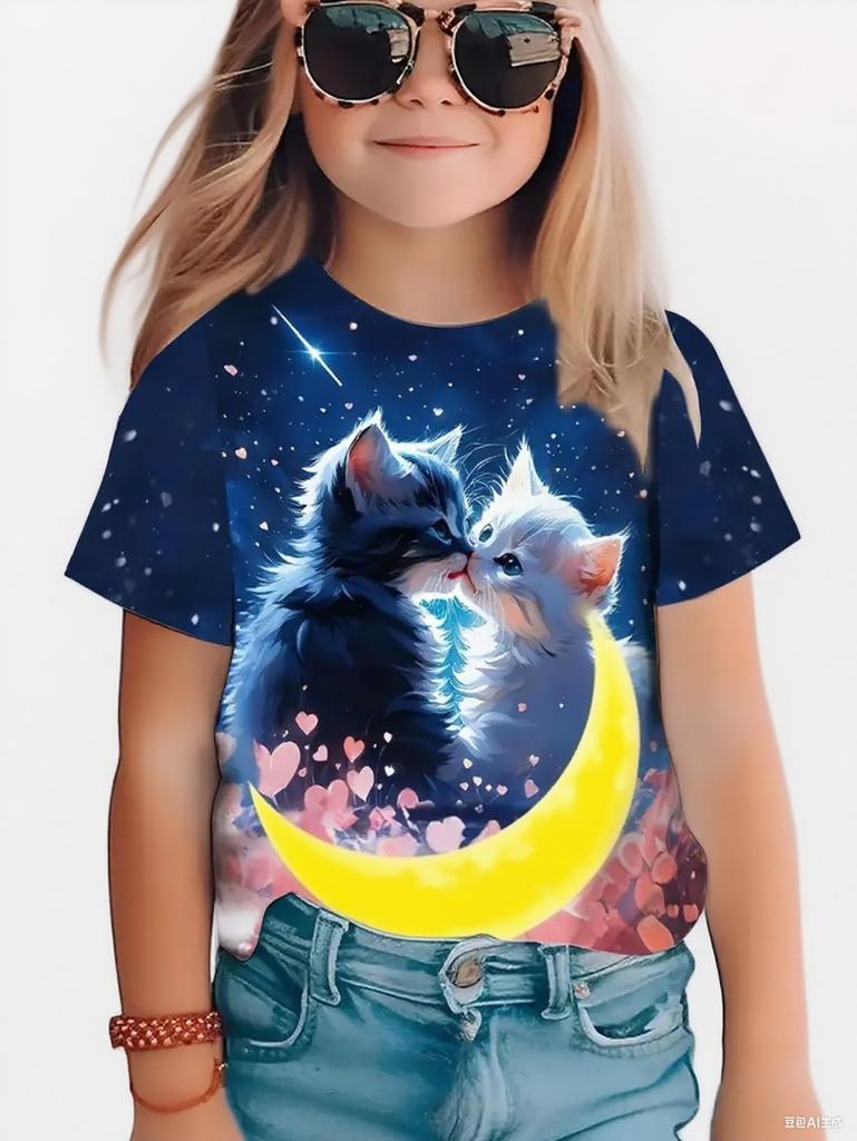 Funny Cat Girl T-Shirt Summer Cartoon Graphic Girl Short Sleeve Tee Casual Round Neck Top Animal Kids Clothing Girl Clothes