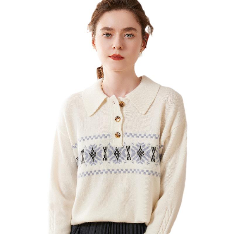 Women's Light Luxury Cashmere Polo Neck Sweater - Loose Fit Wool Knit Pullover